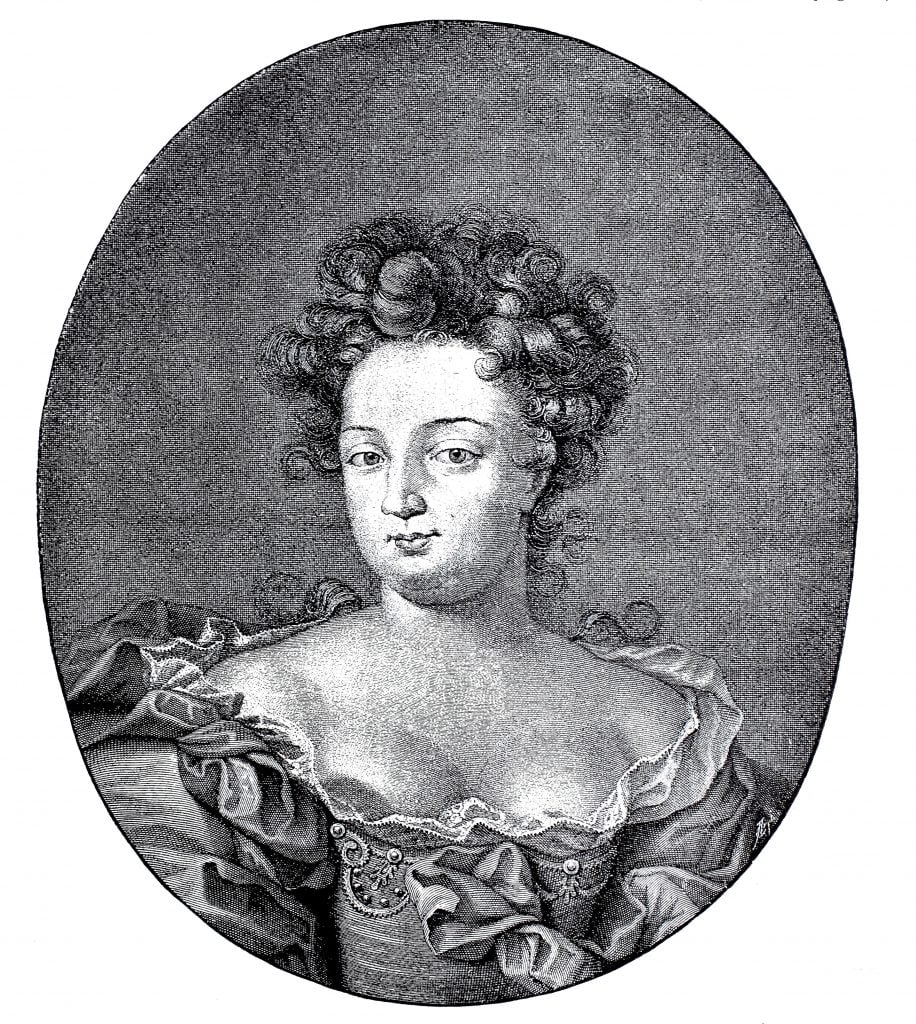 An oval portrait of Duchess Sophie Charlotte, shown with curls in her hair and a frilly dress