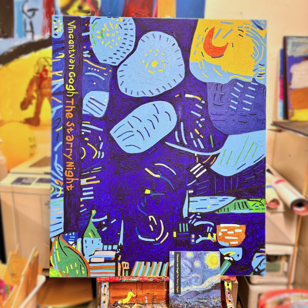 A brightly covered painting based on a book about Van Gogh's painting The Starry Night