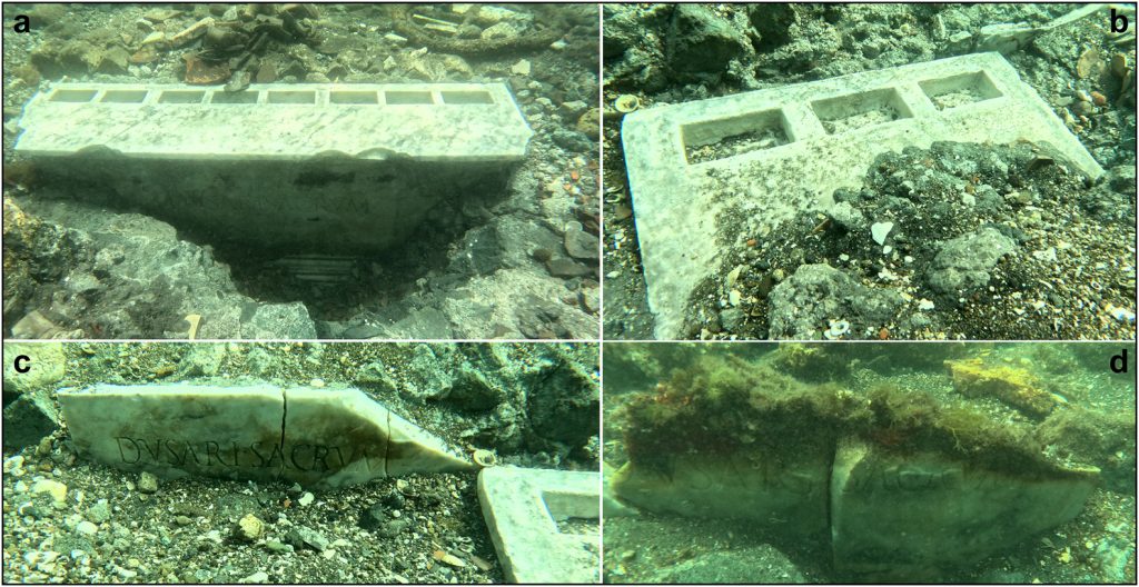 photographs of white marble slabs on the seabed with rectangular shaped holes etched into their surface