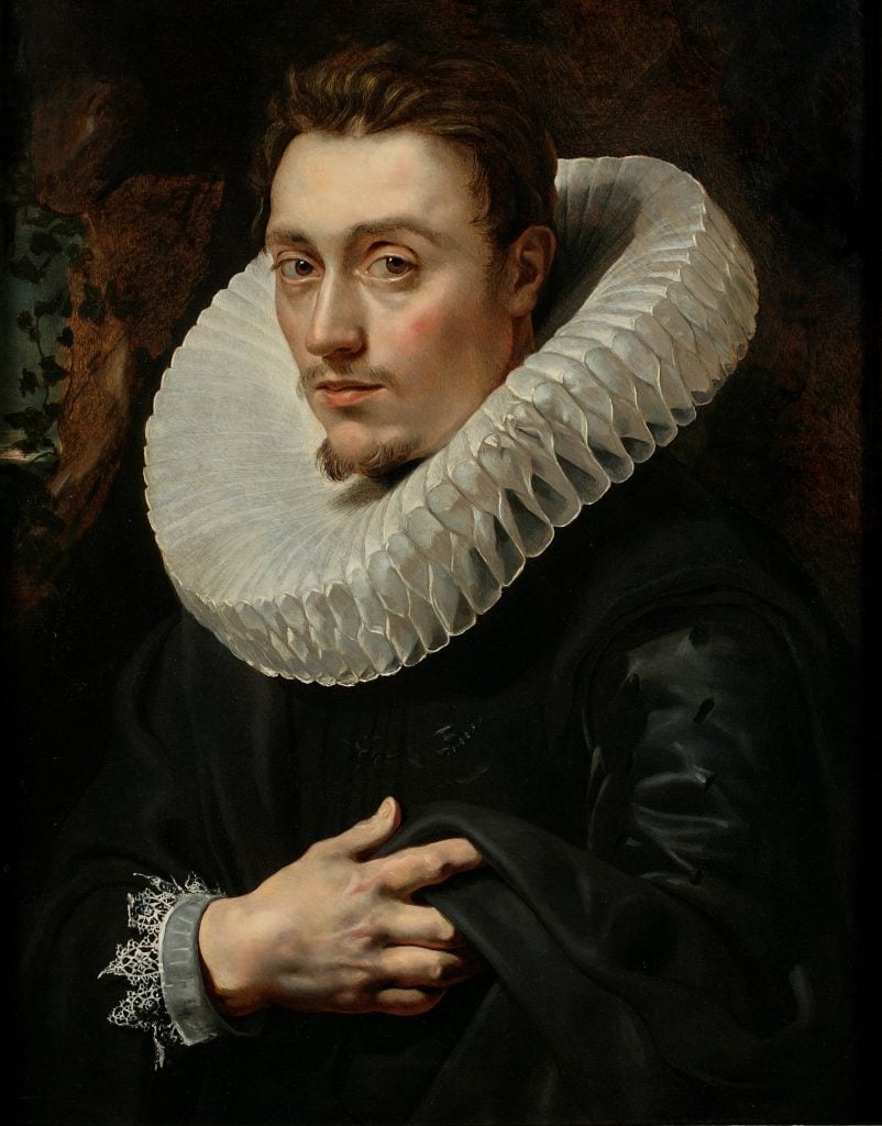 A painting of a young man in dark clothes and a giant white collar against a dark background