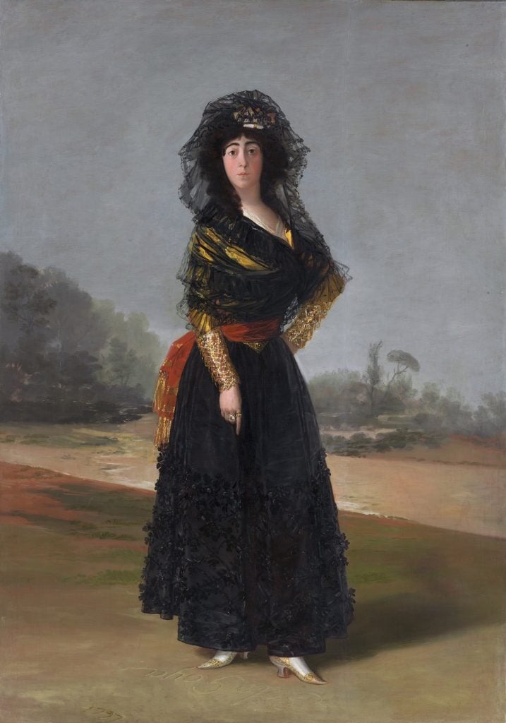 portrait of a woman in a dramatic black dress by Goya 