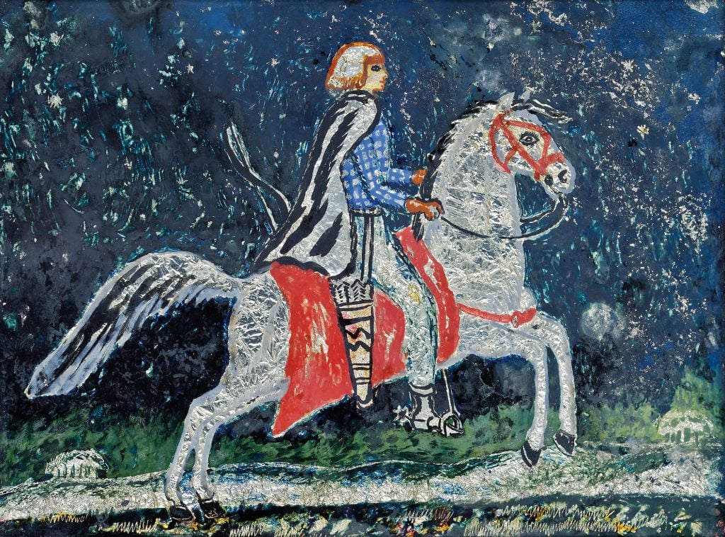 an image of a woman riding on a horse with a red cape draped over it