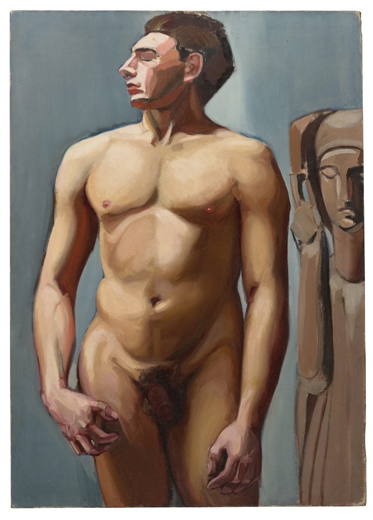 A nude painting of a muscular-looking man with a strong jawline and good hair looking to the left of the frame with his eyes closed in front of some sort of statue.