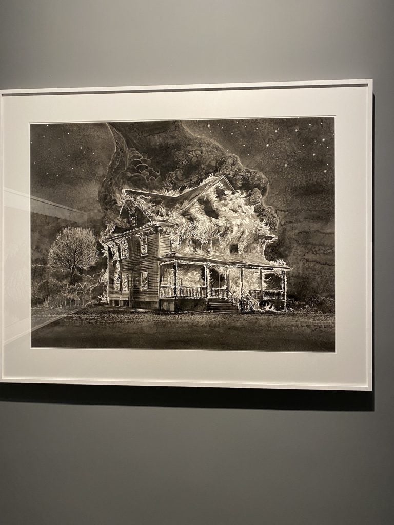 an image of a monochromatic watercolor showing a house on fire