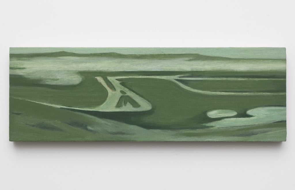 a long, narrow horizontal painting of an oxbox river in shades of green