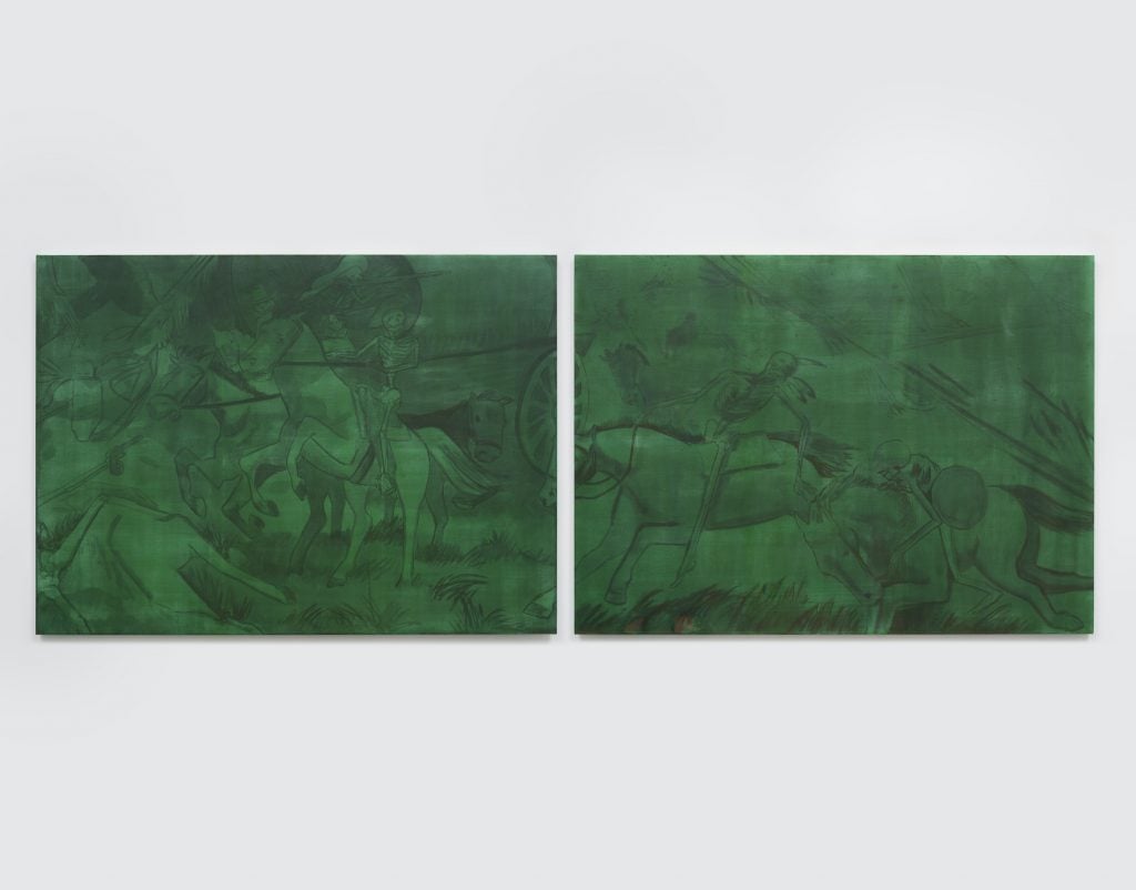 a diptych in shades of greens