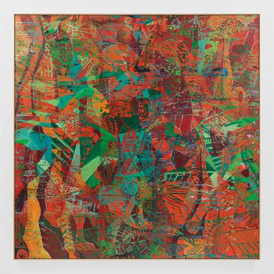 Angel Otero, Red Mangrove (2024). Oil paint and fabric collaged on canvas. 241.3 x 241.3 x 3.8 cm.