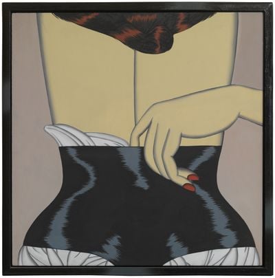 Christina Ramberg, Probed Cinch (1971). Acrylic on Masonite, in artist's hand painted wood frame. 30.5 x 30.5 cm. Private collection, New York.