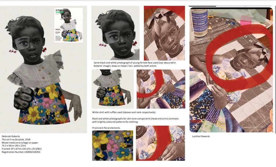 comparison of the artists works showing collage imagery of a young black girl wearing a dress