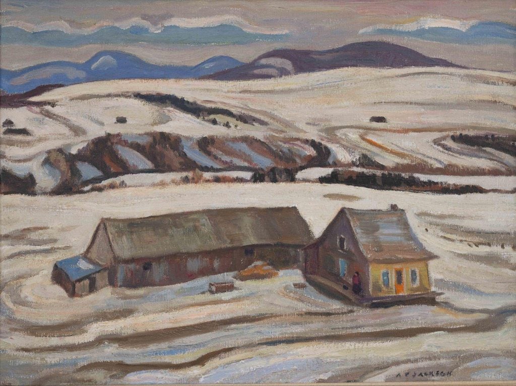 A snowy landcape with a long barn and small cape-style house, offered by Andrew Rookley from his gallery Rookleys.