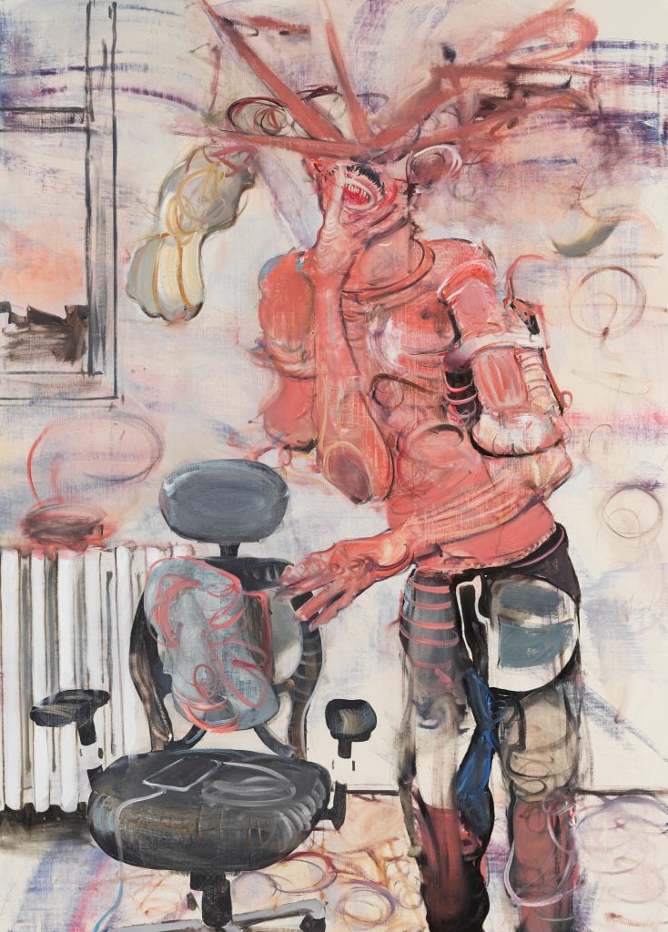 a painting of an alien-like human with pink skin standing next to an office rolling chair