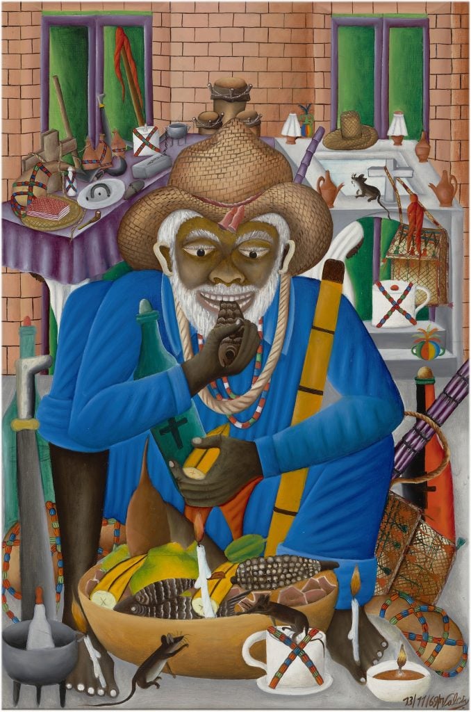 a stylized painting of a Black man with a bowl of fish and fruit surrounded by various attributes