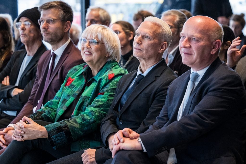 From left: Federal Government's Commissioner for Culture and the Media Claudia Roth, Director of the Neue Nationalgalerie museum Klaus Biesenbach and Mayor of Berlin Kai Wegner in Berlin, on February 9, 2024.