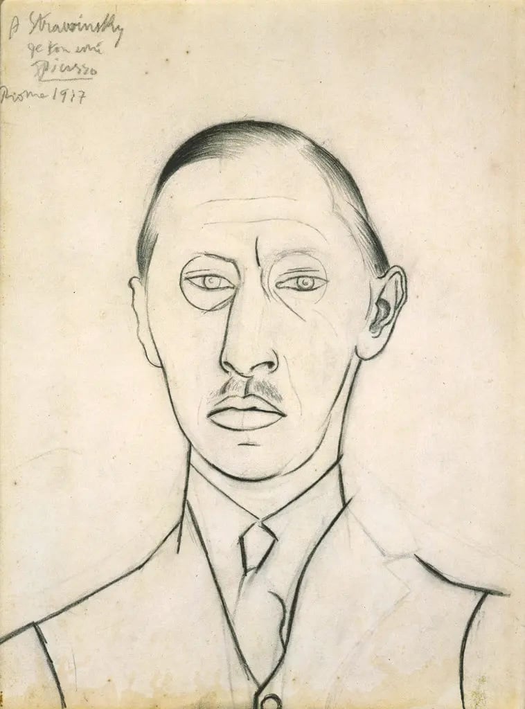 Pablo Picasso's sketch of Igor Stravinsky as a man with neatly combed hair in a suit