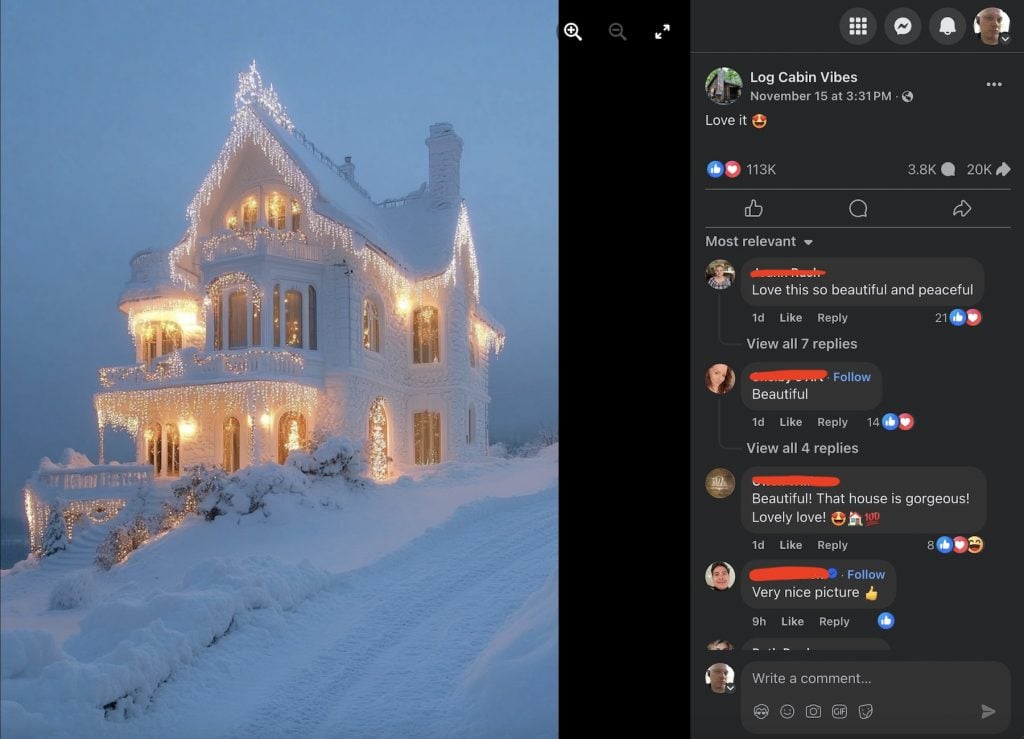 A Facebook page featuring a snowy house