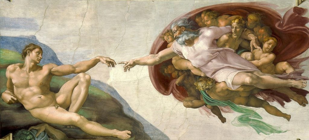 Michelangelo Buonarroti, The Creation of Adam in the Sistine Chapel at the Vatican Museums, Rome.