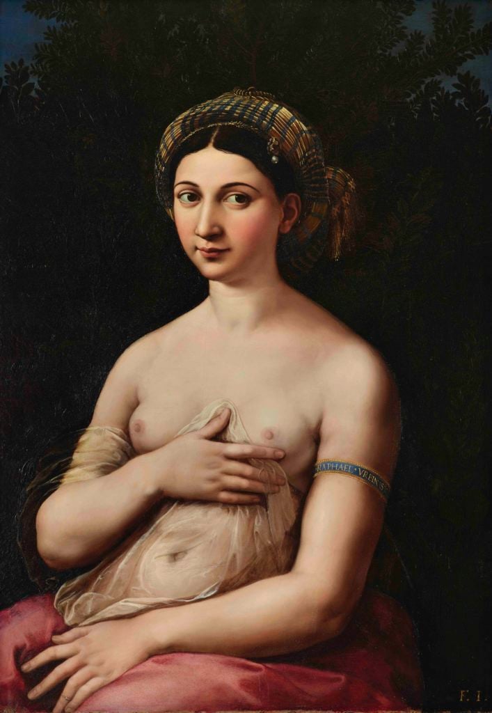 Raphael’s La Fornarina portrays a young woman adorned with a turban and bracelet, exuding sensual elegance.