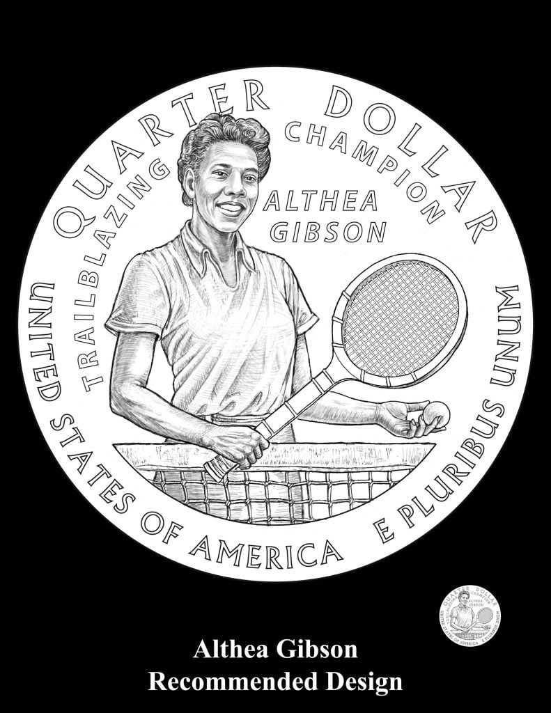 A black and white illustration of the new American Women Quarter for pioneering African American tennis player and golfer Althea Gibson designed by Don Everhart, to be sculpted by Renata Gordon. 