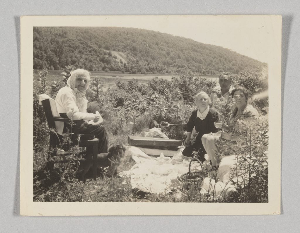 Black and white photo of Mrs. Greene, Belle da Costa Green's mother, on an outing in the Hudson River Valley near Bear Mountain Bear Mountain State Park, New York (ca. 1930s).