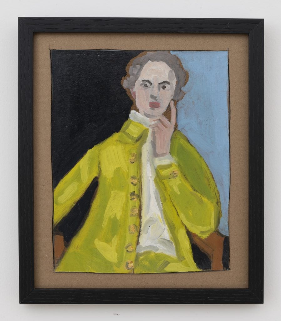 a painting depicts a dandy in a mustard suit 