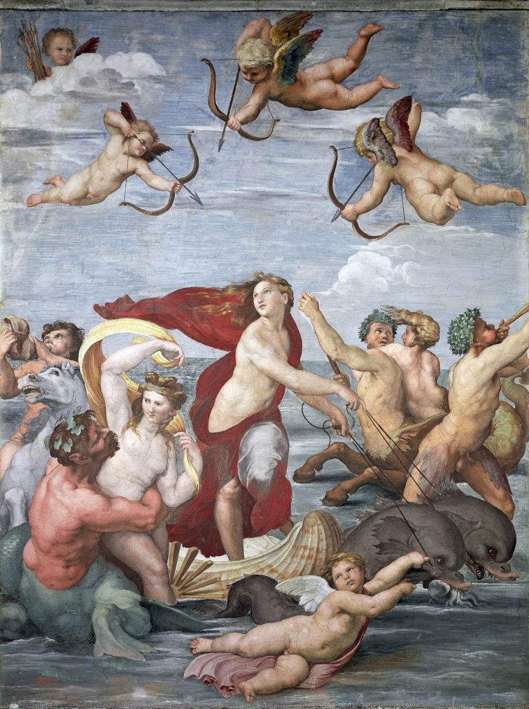 Raphael’s The Triumph of Galatea portrays the sea nymph in a dynamic, mythological scene of vibrant celebration.