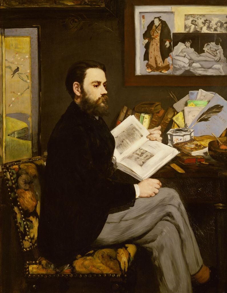 painting of a man in a suit at a table reading a book