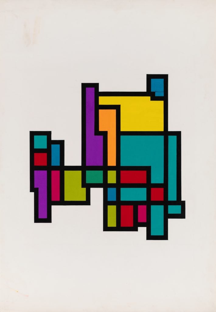 a colorful geometric abstract composition that was made digitally with black outlines