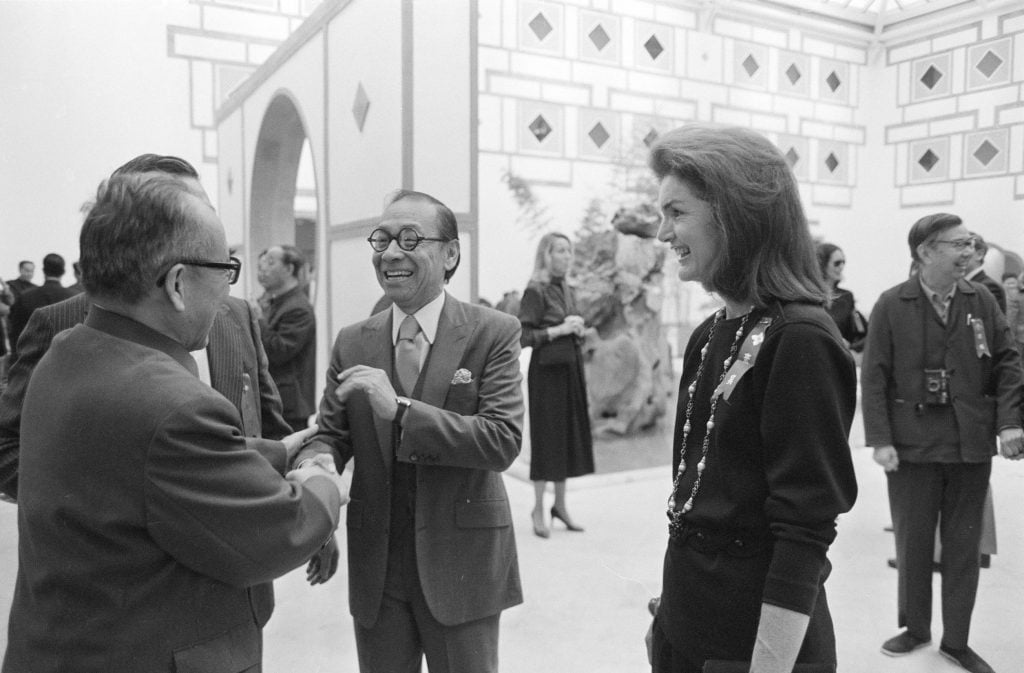 Chinese American architect I.M. Pei and Jacqueline Kennedy in black and white photo