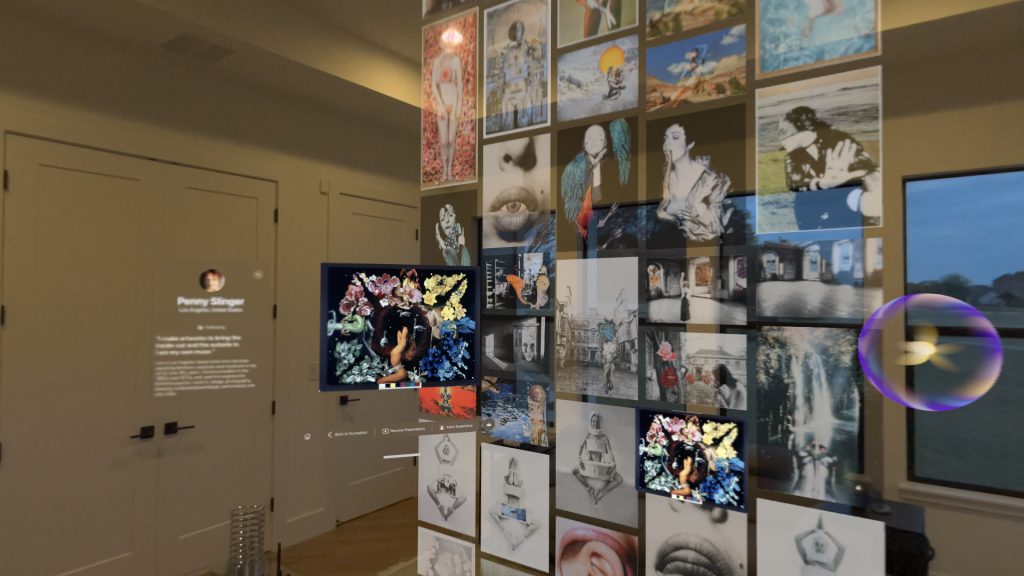 A screenshot taken using an Apple Vision Pro headset shows a cascading waterfall of Penny Slinger's work on Kaleido's Art Universe app as seen in a mixed-reality environment in the office of the company's founder Ian Panchevre