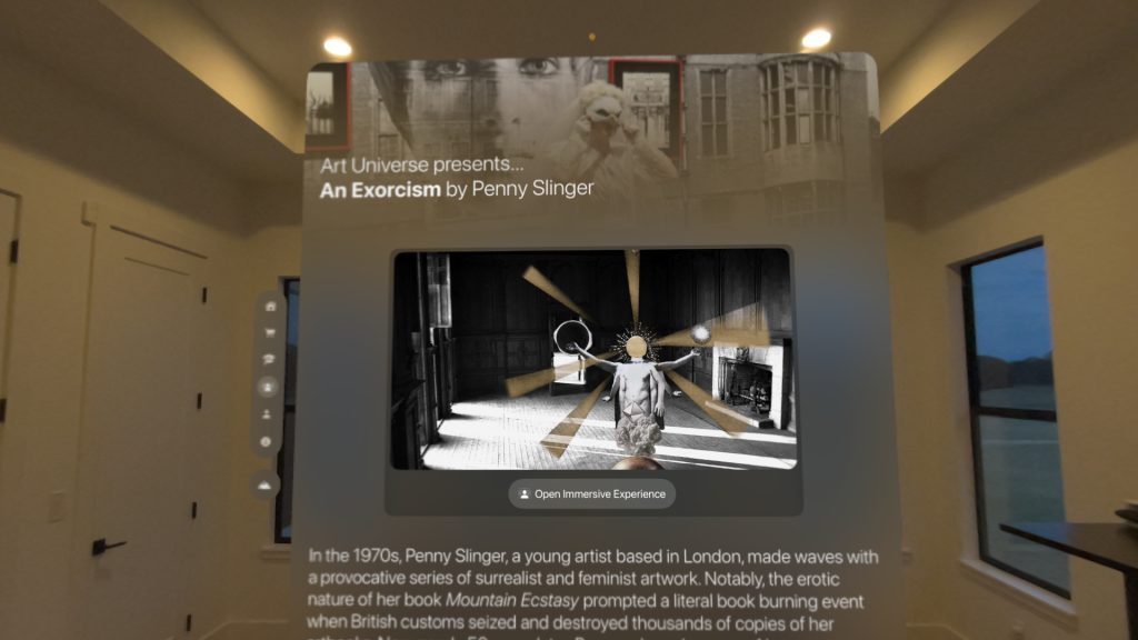 A screenshot taken using an Apple Vision Pro headset shows the landing page for "An Exorcism" augmented reality project in Kaleido's Art Universe app as seen in a mixed-reality environment in the office of the company's founder Ian Panchevre