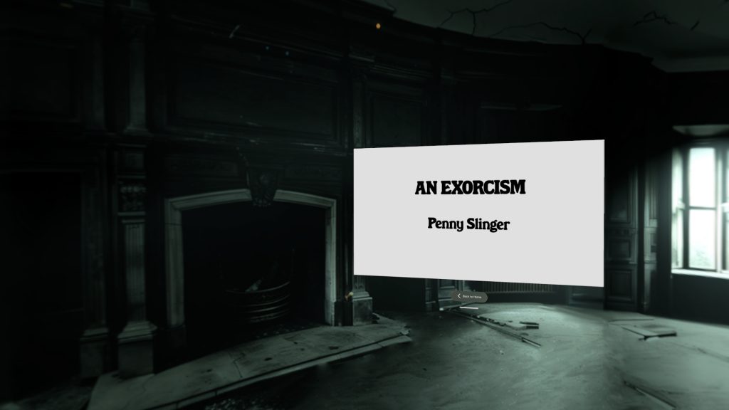 A screenshot taken using an Apple Vision Pro headset shows the immersive environment designed by Penny Slinger for the release of her video "An Exorcism" inside Kaleido's Art Universe app. The scene is set an an old mansion in the U.K.