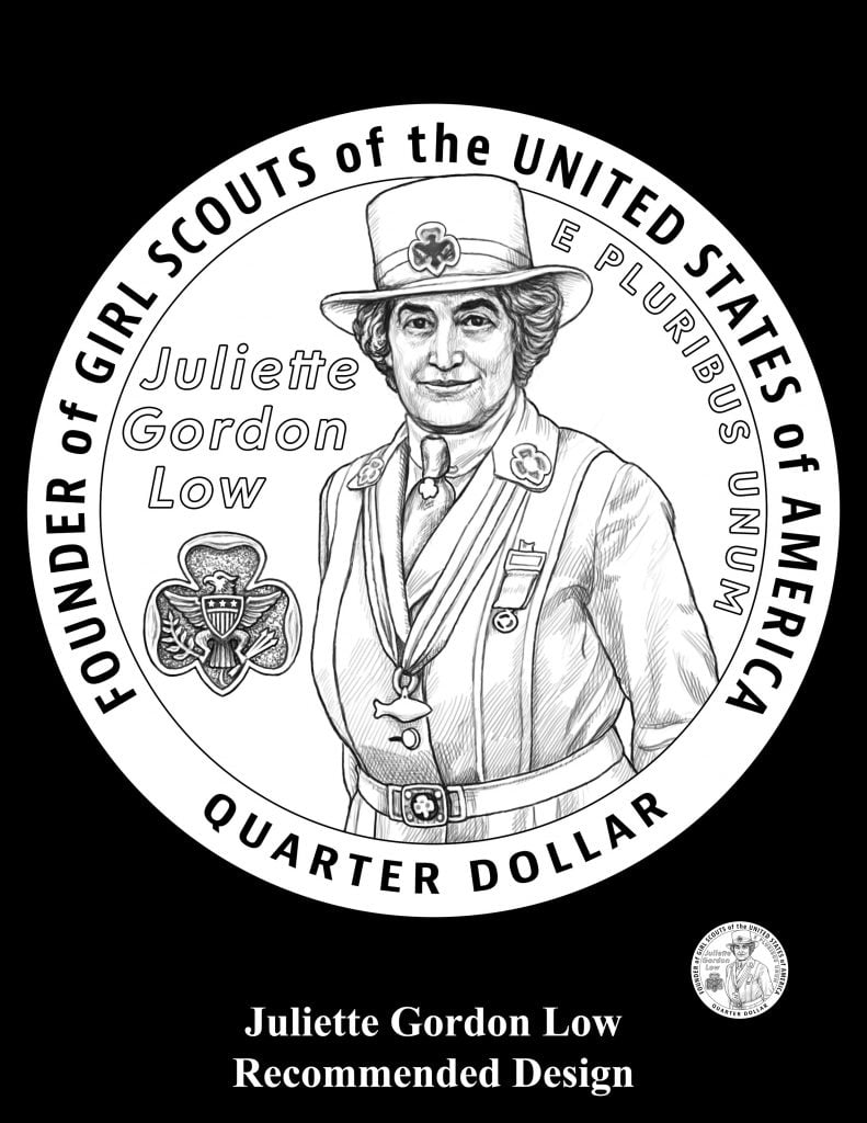 A black and white illustration of the new American Women Quarter for Juliette Gordon Low, founder of the American Girl Scouts, designed by Tom Hipschen, to be sculpted by Eric David Custer. 