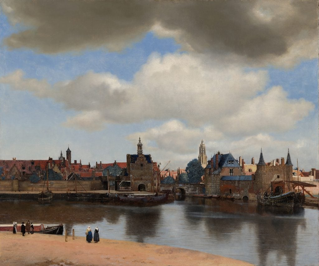 A luminous cityscape of Delft by Vermeer, with calm waters, detailed architecture, and vibrant light showcasing Vermeer’s mastery.