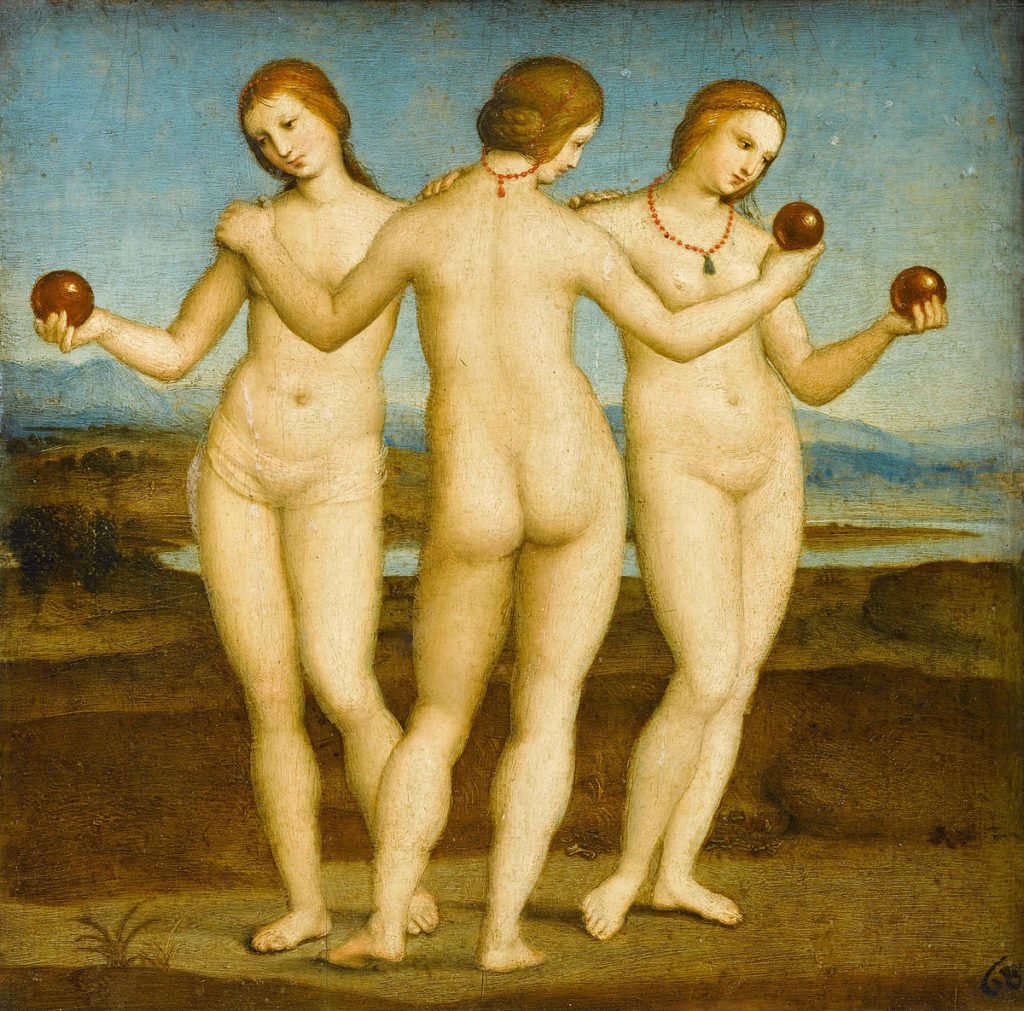 Raphael’s The Three Graces, depicting three elegant women symbolizing beauty, charm, and creativity in harmonious unity.