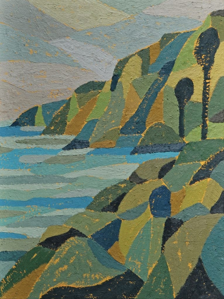 a landscape paintings shows a sea next to a craggy bluff with two trees abstracted 