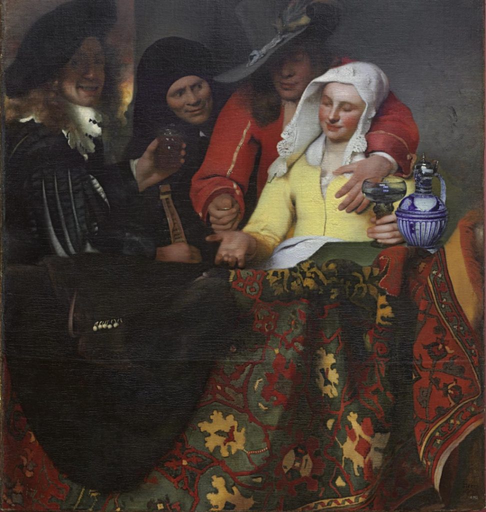 A lively tavern scene with four figures, including a smiling woman and a man offering coins.