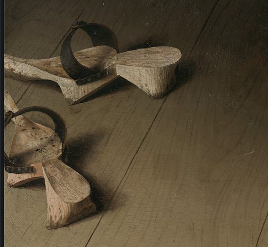 Detail of pattens, a popular shoe at the time, as seen in Van Eyck's Arnolfini Portrait