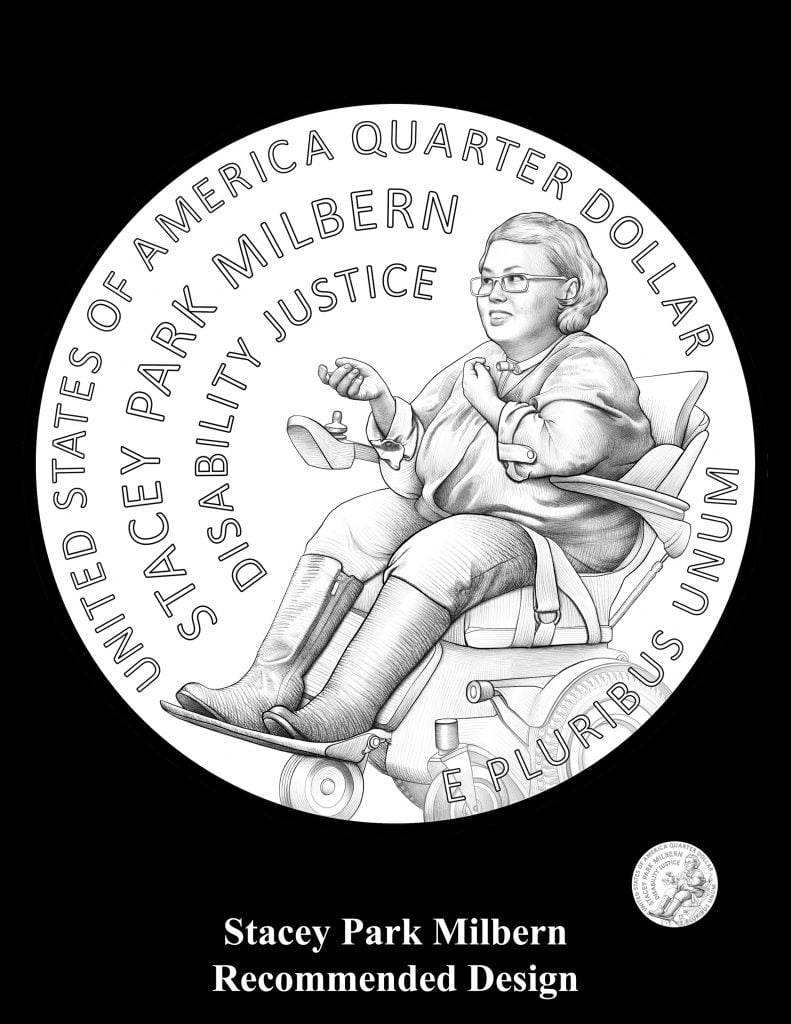 A black and white illustration of the new American Women Quarter for disability activist Stacey Park Milbern designed by Craig A. Campbell, to be sculpted by Elana Hagler. 