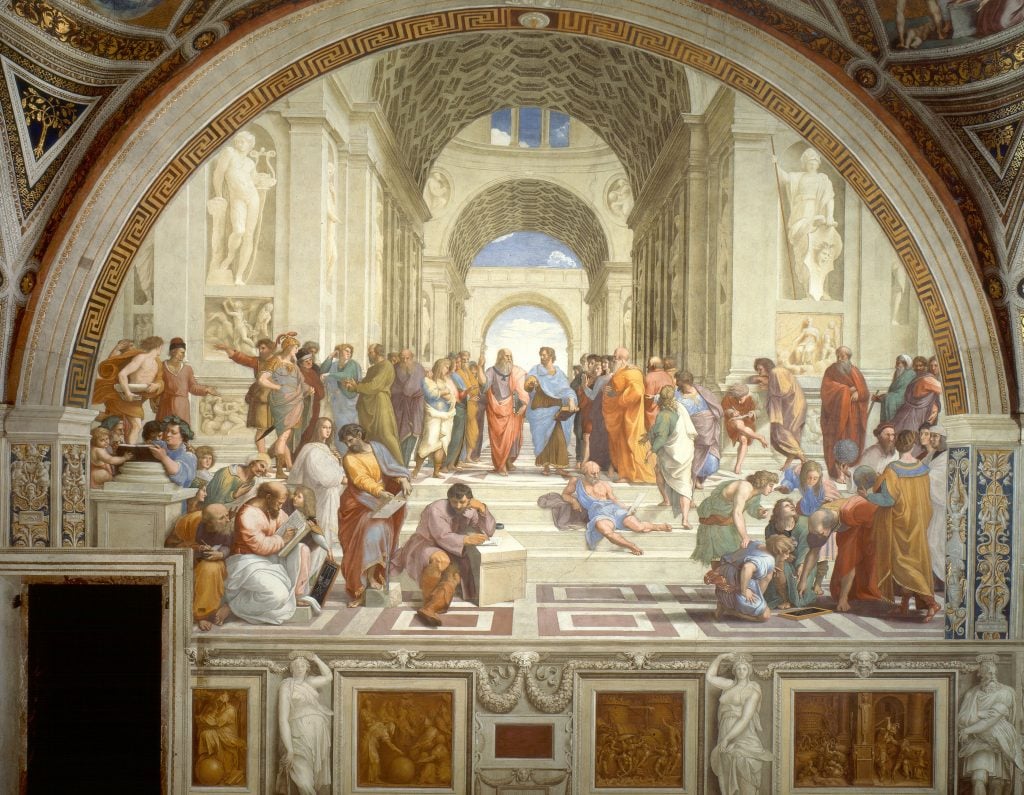 A painting of dozens of famous people from the ancient era and the Renaissance