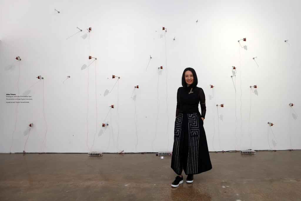 A photograph of a woman dressed in black standing before a white gallery wall punctuated with many small metal contraptions.