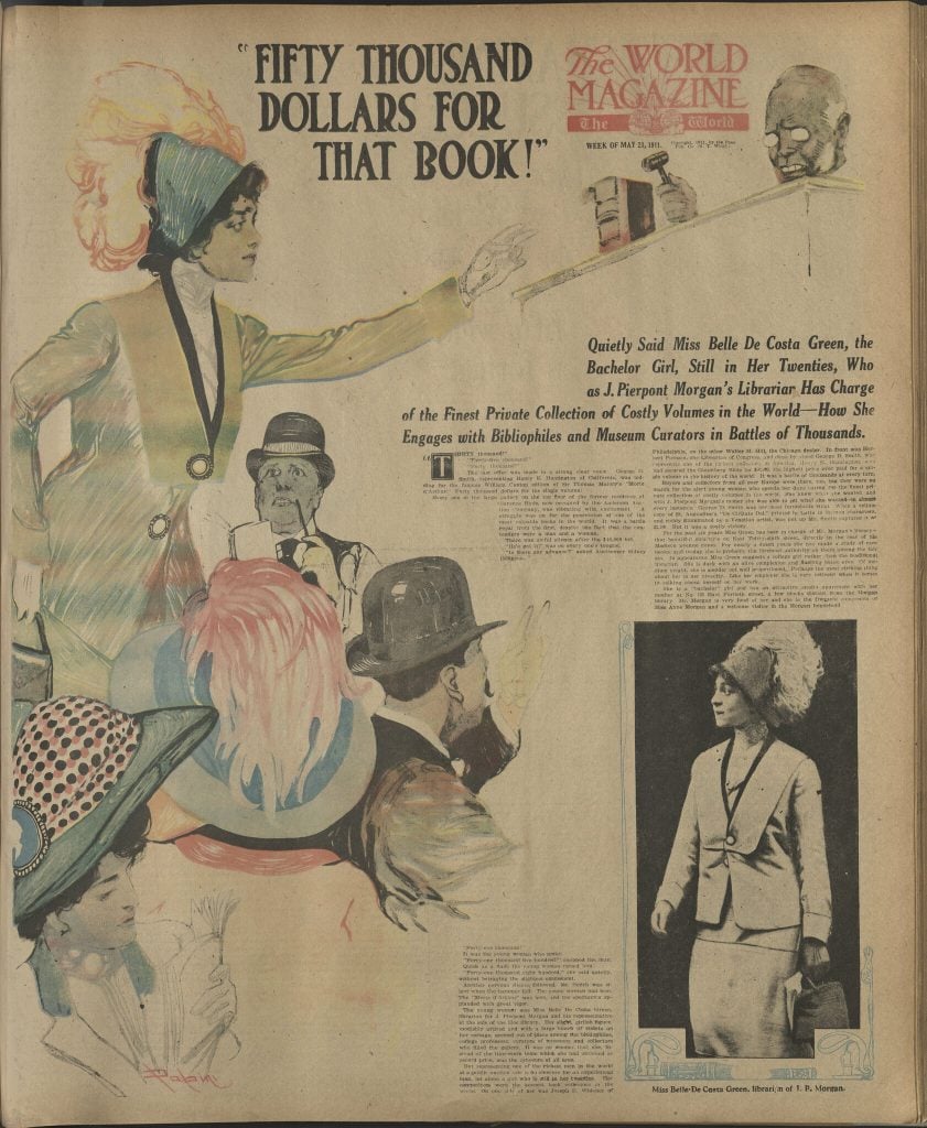 An illustrated 1911 article in the World Magazine about Belle da Costa Greene bidding $50,000 to win a 1485 printing of Thomas Malory’s Le Morte d’Arthur at the Robert Hoe collection auction. 