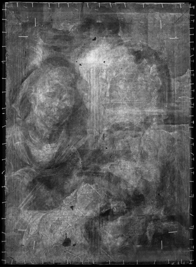 x-ray image of painting of a man looking over shoulder with young boy behind