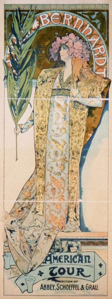 Alphonse Mucha’s poster for Sarah Bernhardt’s American tour, showcasing her in ornate, flowing robes.