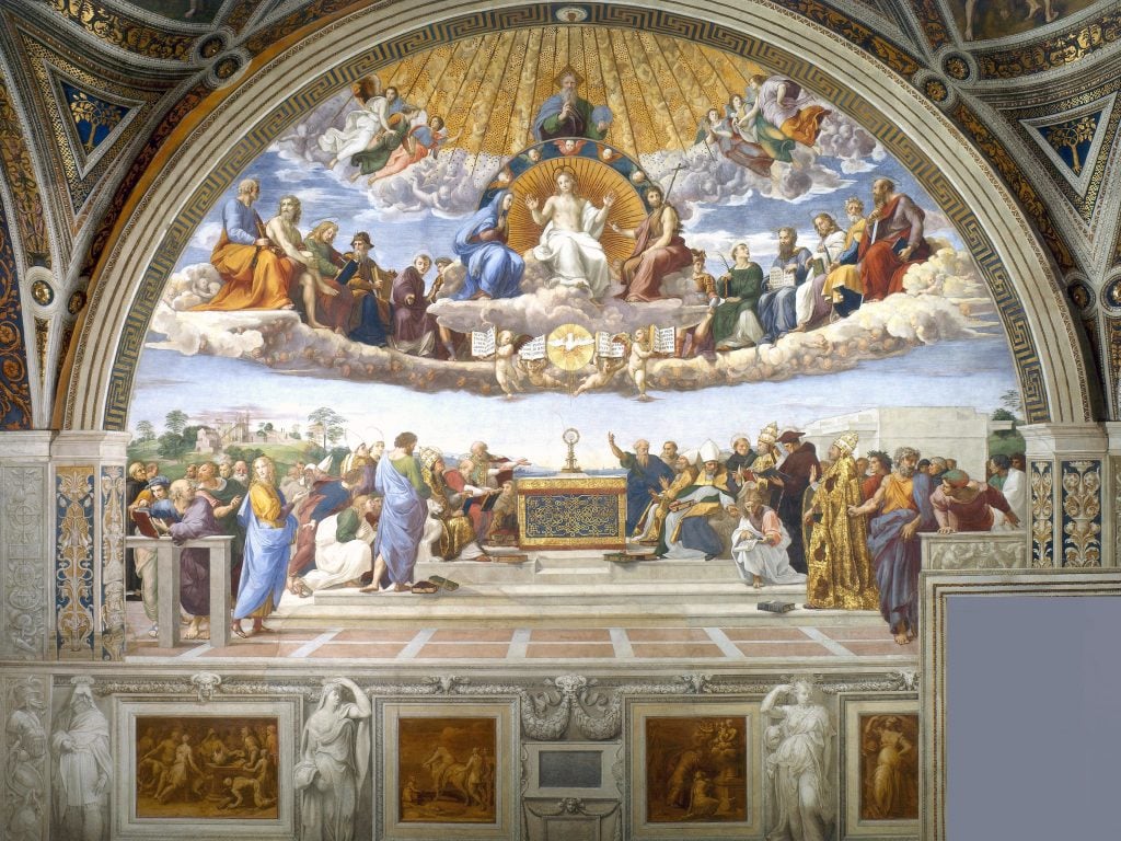 Raphael’s Disputation of the Holy Sacrament depicts theologians, saints, and clergy discussing the Eucharist under divine presence.