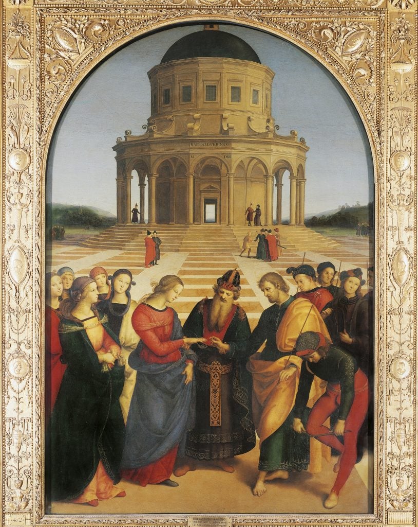 Raphael’s Marriage of the Virgin depicts Mary and Joseph’s wedding, surrounded by onlookers, with architectural details.