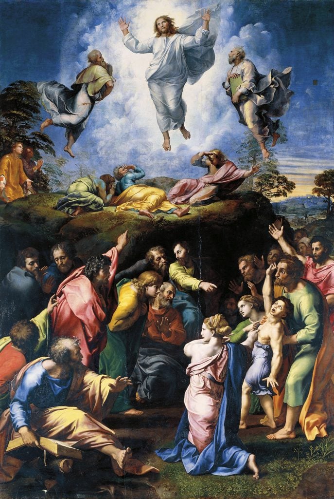 Raphael’s Transfiguration depicts Christ’s radiant ascension above awestruck apostles, contrasted with earthly chaos and human suffering below.