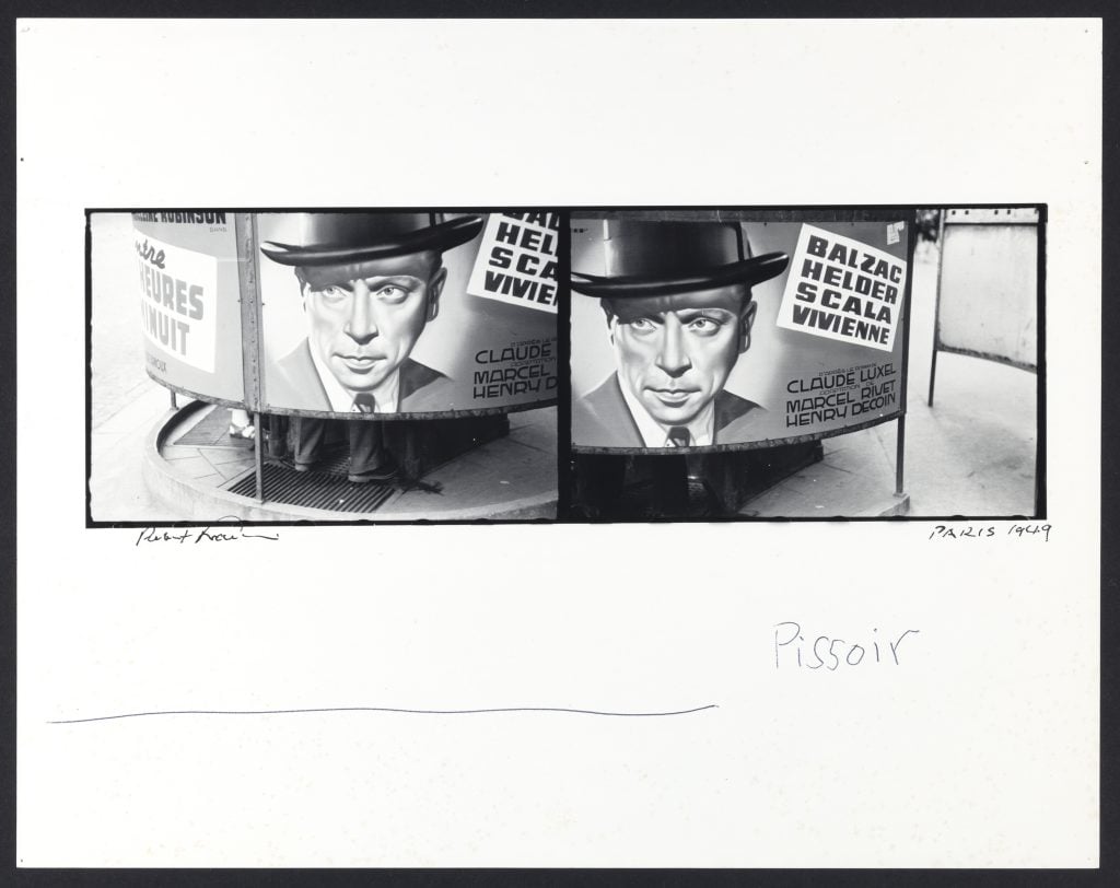 Two side-by-side black and white phographs depicting a man in a hat beside French advertising text.