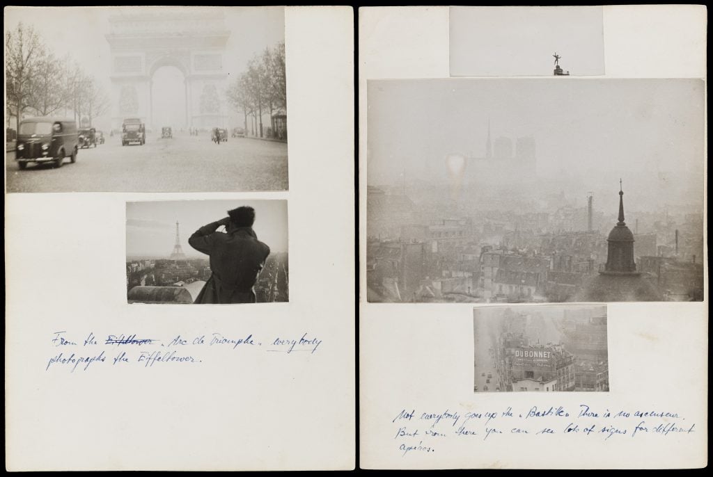 A scan of two pages featuring black and white photographs of monuments throughout Paris, with handwritten notes scrawled alongside them.