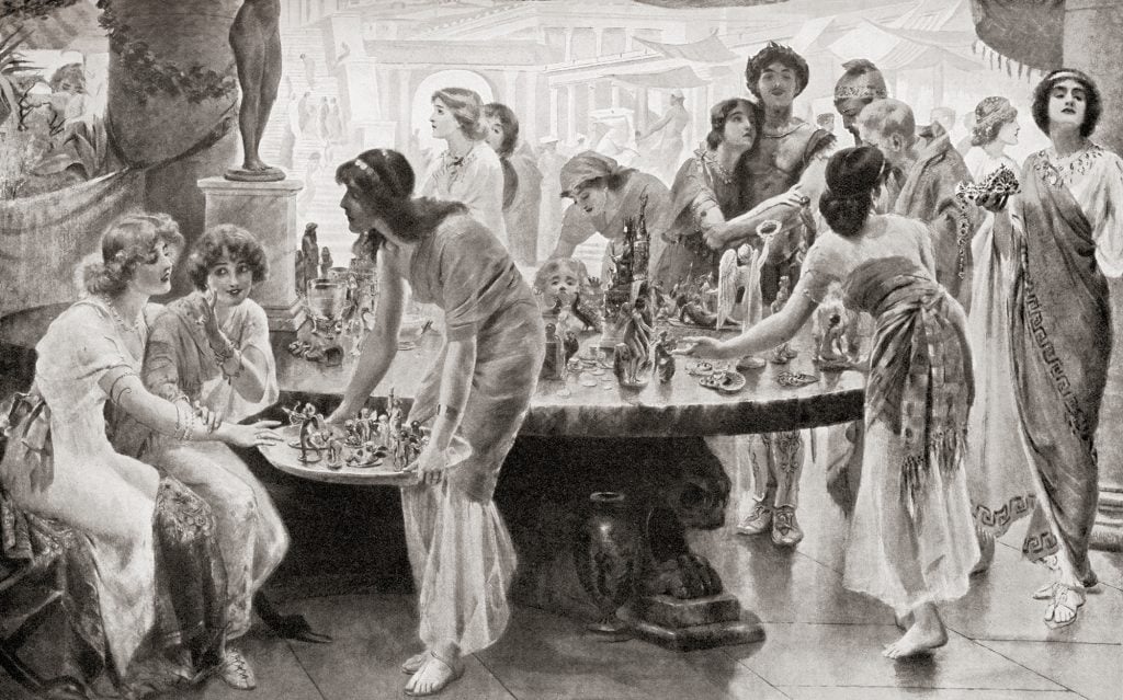 A market scene in ancient Pompeii before its destruction in the eruption of Mount Vesuvius in 79 AD.