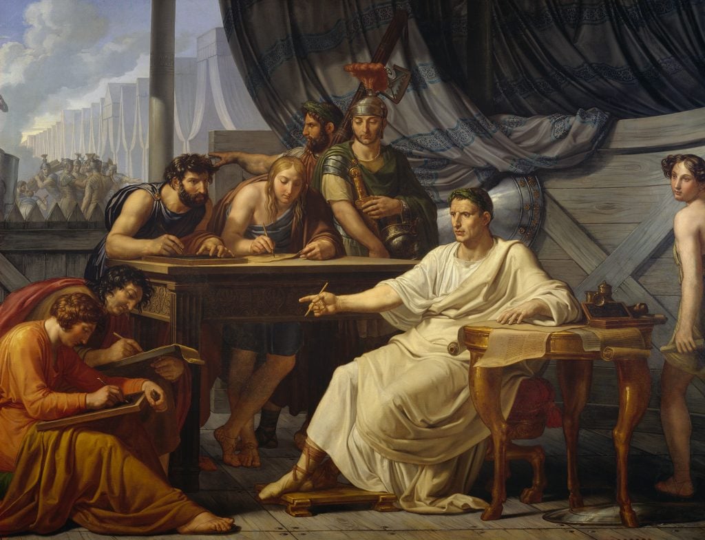 An image of a painting of Julius Caesar dictating the Commentaries